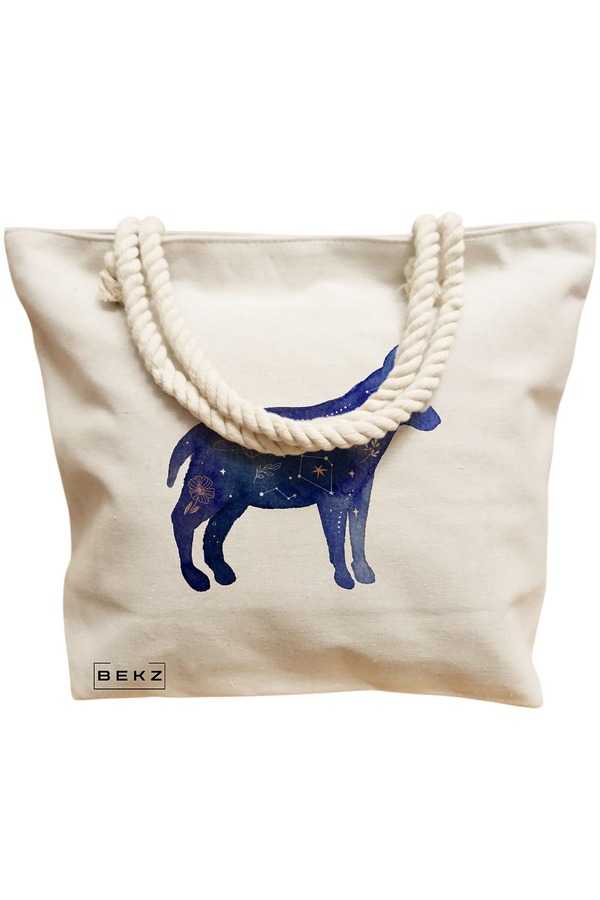 Geanta Canvas Tote pentru femei, model Caine Astral, 40x51 cm, Bej, BEKZ® 12 model Caine Astral