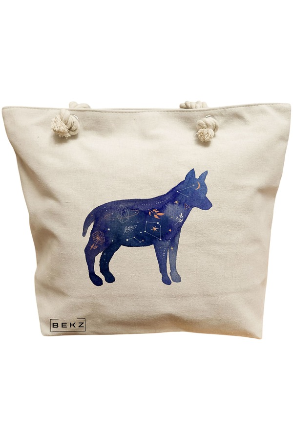 Geanta Canvas Tote pentru femei, model Caine Astral, 40x51 cm, Bej, BEKZ® 11 Geanta Canvas Tote pentru femei
