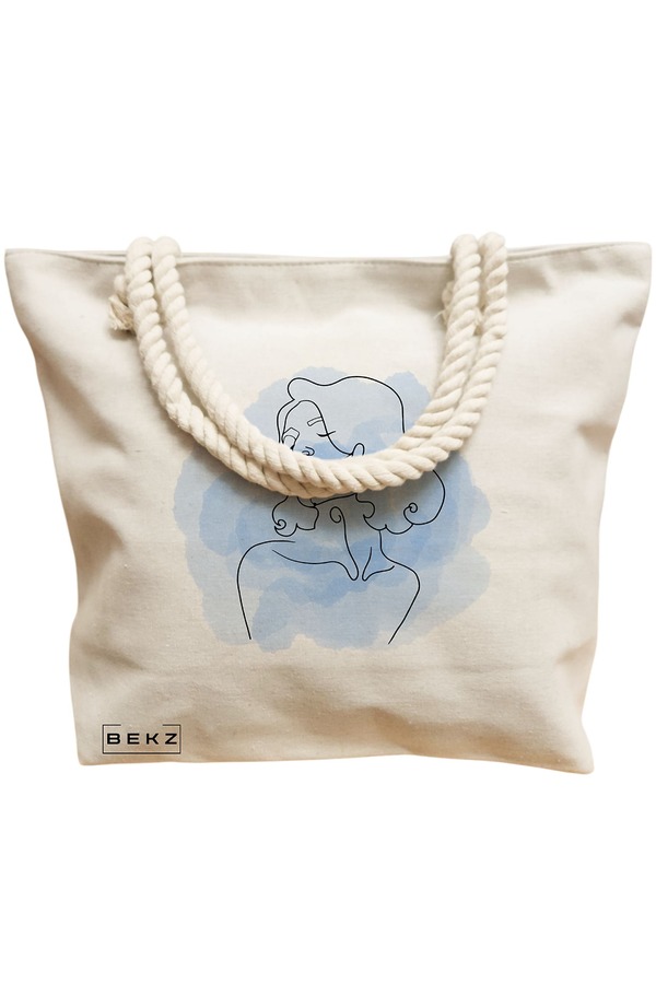 Geanta Canvas Tote pentru femei, model Portret Feminin Minimalist, 40x51 cm, Bej, BEKZ® 12 model Portret Feminin Minimalist