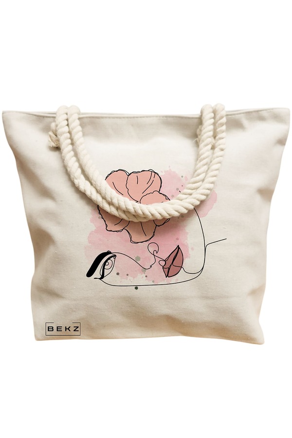 Geanta Canvas Tote pentru femei, model Floral Line, 40x51 cm, Bej, BEKZ® 12 model Floral Line