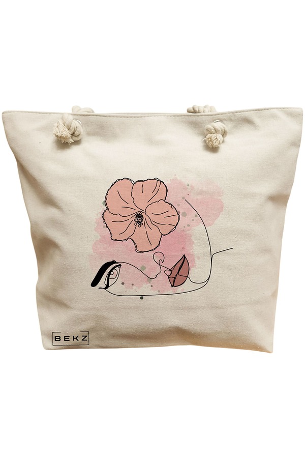 Geanta Canvas Tote pentru femei, model Floral Line, 40x51 cm, Bej, BEKZ® 11 Geanta Canvas Tote pentru femei