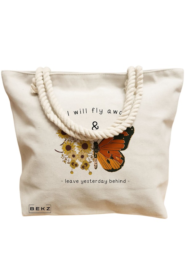 Geanta Canvas Tote pentru femei, model Flight to Freedom, 40x51 cm, Bej, BEKZ® 12 model Flight to Freedom