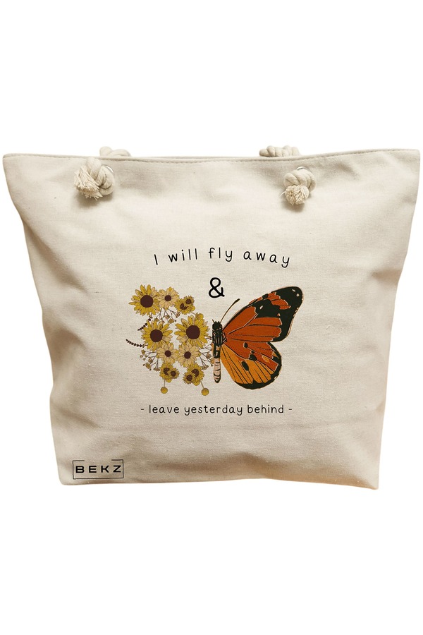 Geanta Canvas Tote pentru femei, model Flight to Freedom, 40x51 cm, Bej, BEKZ® 11 Geanta Canvas Tote pentru femei