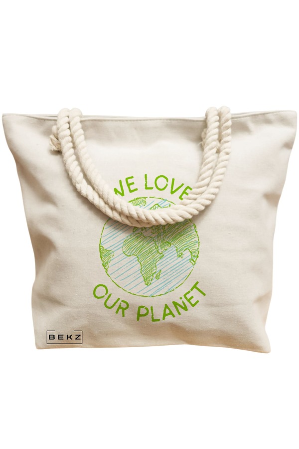 Geanta Canvas Tote pentru femei, model We Love Our Planet, 40x51 cm, Bej, BEKZ® 12 model We Love Our Planet