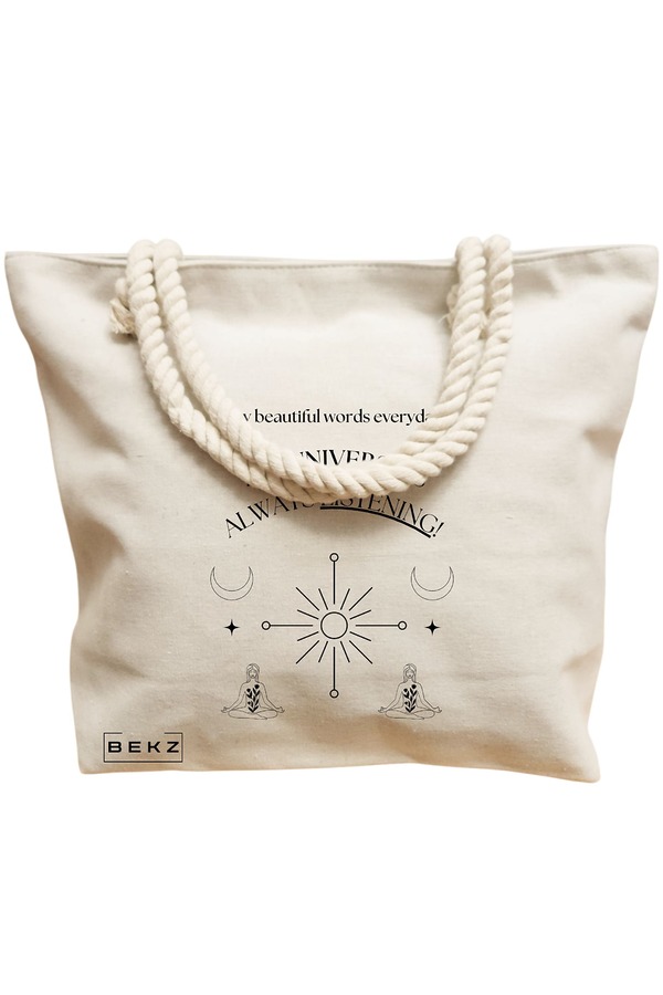Geanta Canvas Tote pentru femei, model The Universe Listens, 40x51 cm, Bej, BEKZ® 12 model The Universe Listens