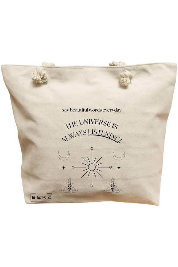 Geanta Canvas Tote pentru femei, model The Universe Listens, 40x51 cm, Bej, BEKZ® 11 Geanta Canvas Tote pentru femei