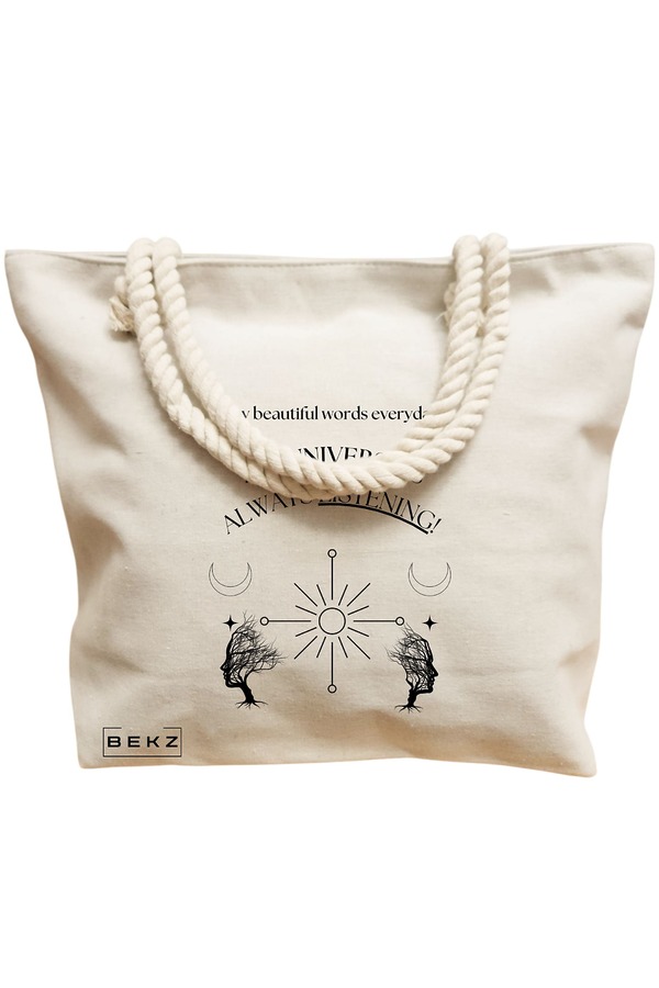 Geanta Canvas Tote pentru femei, model The Universe Listens 2, 40x51 cm, Bej, BEKZ® 12 model The Universe Listens 2