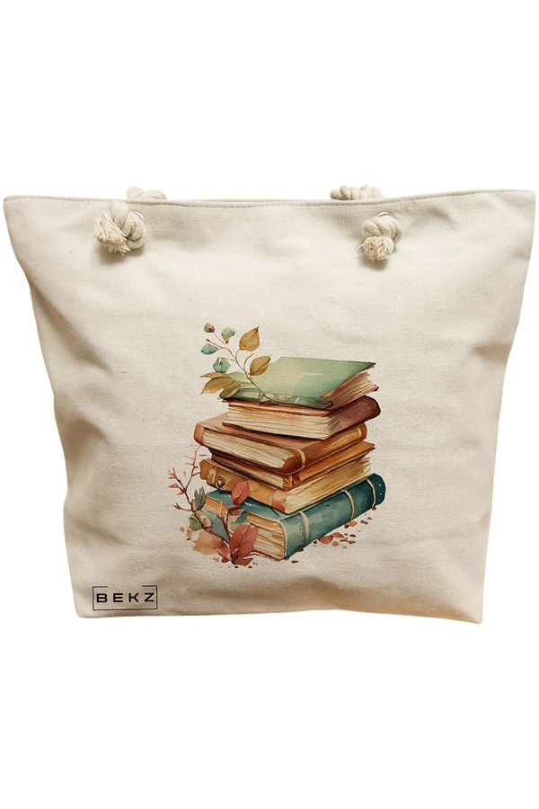 Geanta Canvas Tote pentru femei, model Pile of Books, 40x51 cm, Bej, BEKZ® 11 Geanta Canvas Tote pentru femei