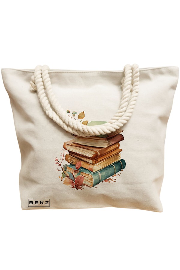 Geanta Canvas Tote pentru femei, model Pile of Books, 40x51 cm, Bej, BEKZ® 12 model Pile of Books