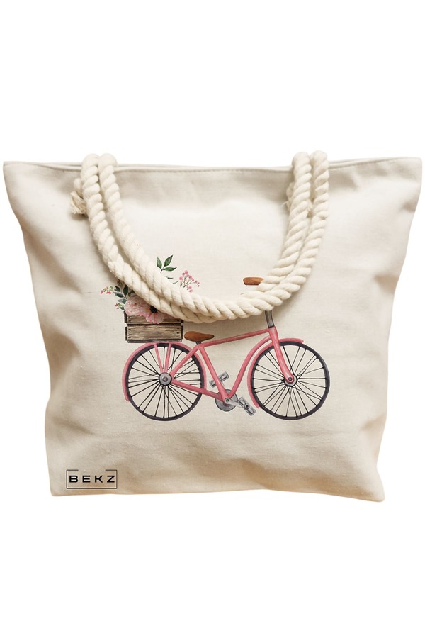 Geanta Canvas Tote pentru femei, model Spring on Two Wheels, 40x51 cm, Bej, BEKZ® 12 model Spring on Two Wheels
