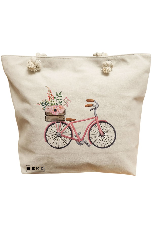 Geanta Canvas Tote pentru femei, model Spring on Two Wheels, 40x51 cm, Bej, BEKZ® 11 Geanta Canvas Tote pentru femei