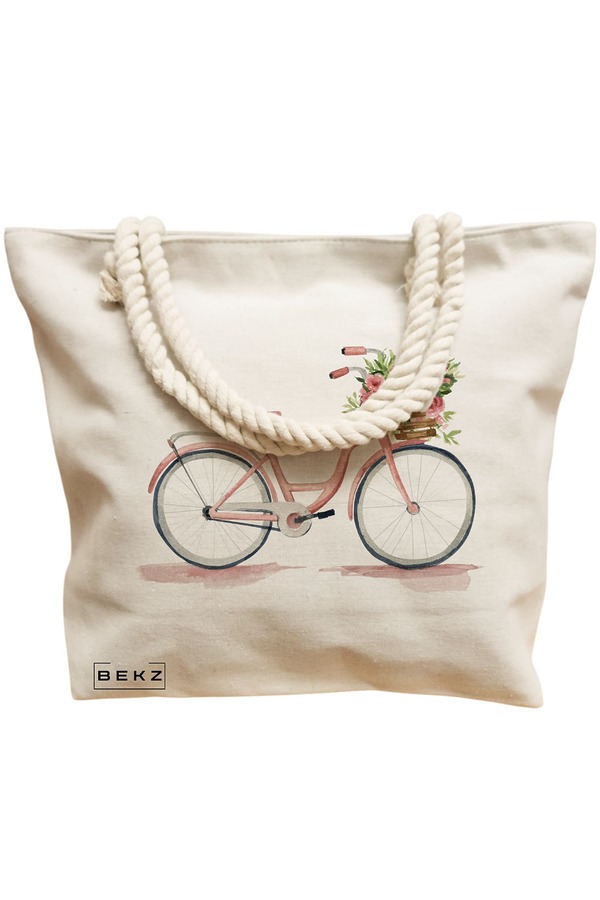 Geanta Canvas Tote pentru femei, model Pink Bicycle, 40x51 cm, Bej, BEKZ® 12 model Pink Bicycle
