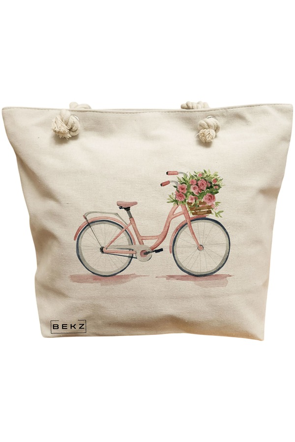 Geanta Canvas Tote pentru femei, model Pink Bicycle, 40x51 cm, Bej, BEKZ® 11 Geanta Canvas Tote pentru femei