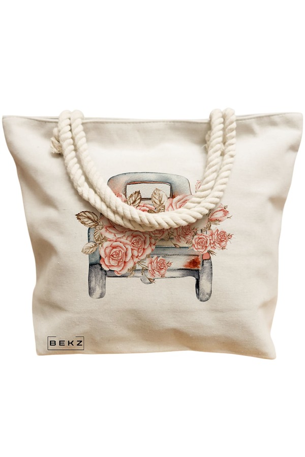 Geanta Canvas Tote pentru femei, model Pink Car, 40x51 cm, Bej, BEKZ® 12 model Pink Car