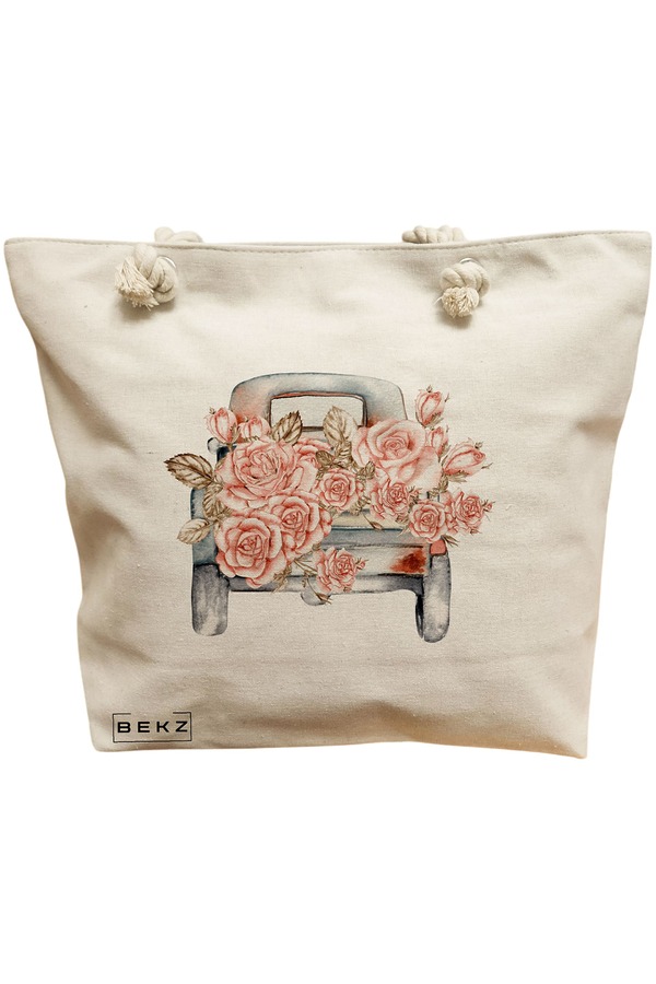 Geanta Canvas Tote pentru femei, model Pink Car, 40x51 cm, Bej, BEKZ® 11 Geanta Canvas Tote pentru femei