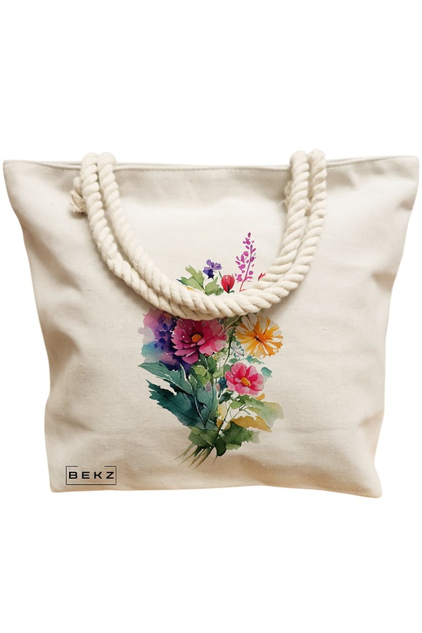 Geanta Canvas Tote pentru femei, model The Bouquet, 40x51 cm, Bej, BEKZ® 12 model The Bouquet
