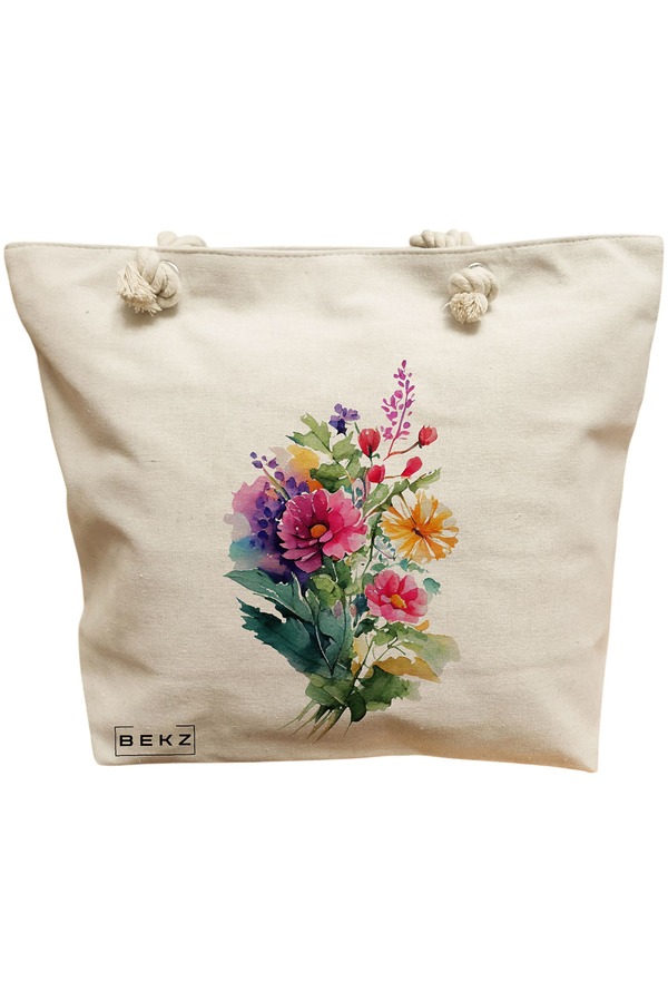 Geanta Canvas Tote pentru femei, model The Bouquet, 40x51 cm, Bej, BEKZ® 11 Geanta Canvas Tote pentru femei
