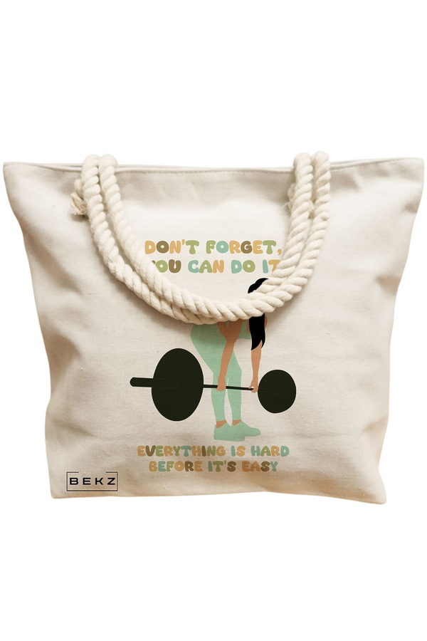 Geanta de Plaja Canvas Tote Bag pentru femei, model Strength and Perseverance, 40x51 cm, Bej, BEKZ® 12 model Strength and Perseverance