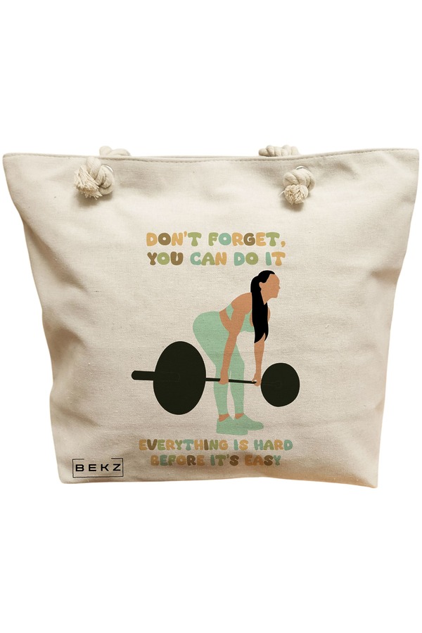 Geanta de Plaja Canvas Tote Bag pentru femei, model Strength and Perseverance, 40x51 cm, Bej, BEKZ® 11 Geanta Canvas Tote pentru femei