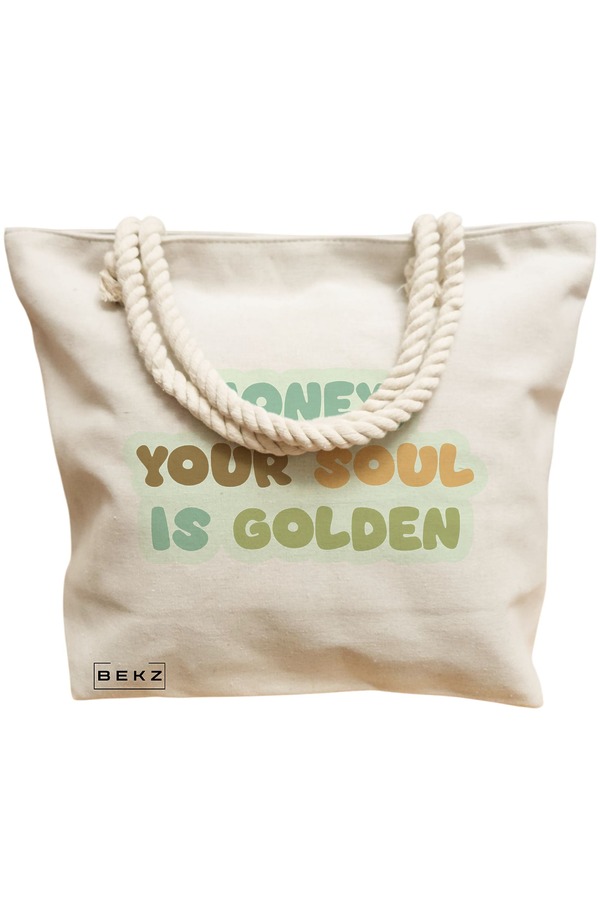 Geanta Canvas Tote pentru femei, model Golden Soul, 40x51 cm, Bej, BEKZ® 12 model Golden Soul
