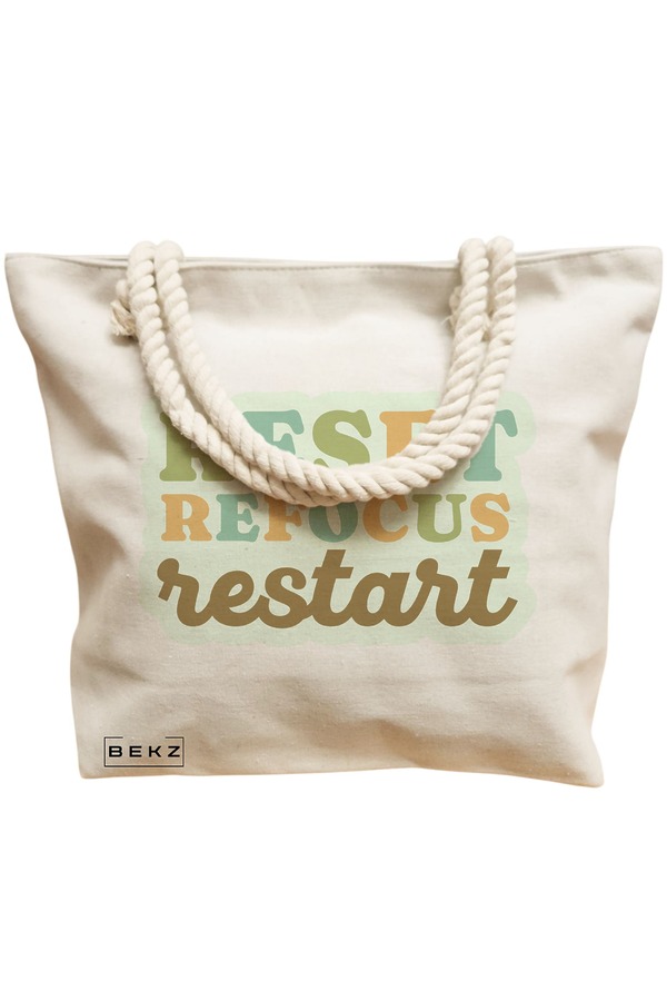 Geanta Canvas Tote pentru femei, model RESET REFOCUS RESTART, 40x51 cm, Bej, BEKZ® 12 model RESET REFOCUS RESTART