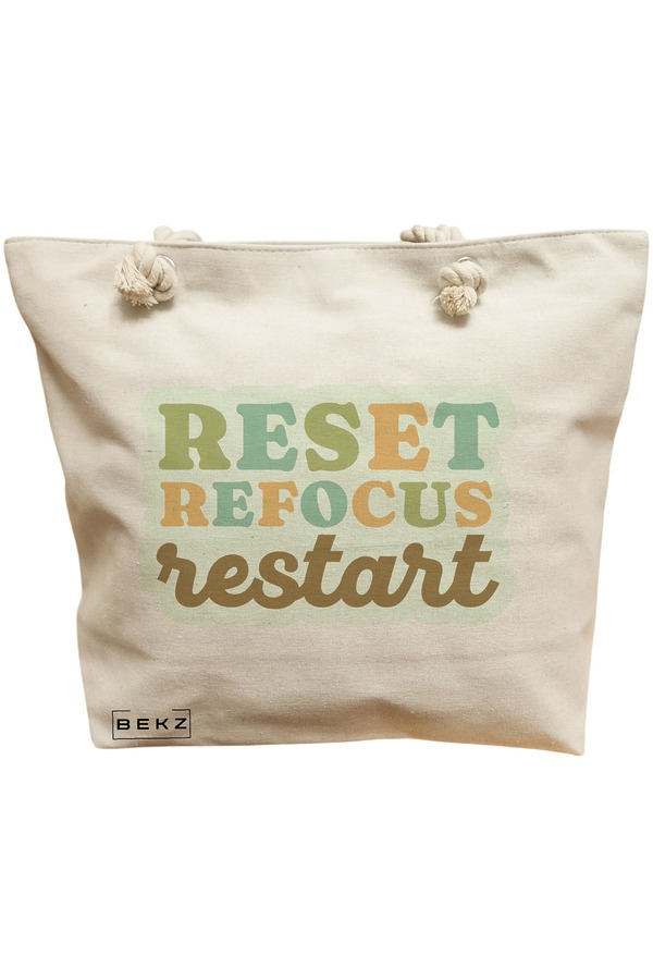 Geanta Canvas Tote pentru femei, model RESET REFOCUS RESTART, 40x51 cm, Bej, BEKZ® 11 Geanta Canvas Tote pentru femei