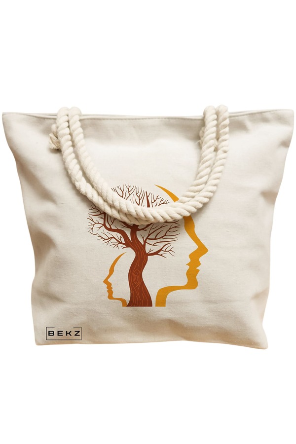 Geanta Canvas Tote pentru femei, model Tree and Faces, 40x51 cm, Bej, BEKZ® 12 model Tree and Faces