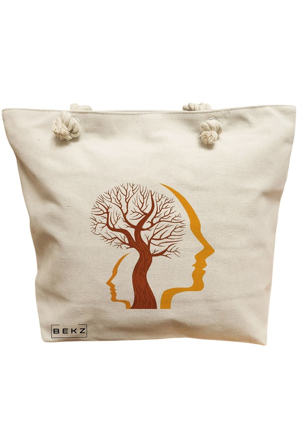 Geanta Canvas Tote pentru femei, model Tree and Faces, 40x51 cm, Bej, BEKZ® 11 Geanta Canvas Tote pentru femei