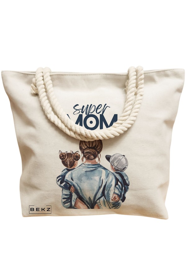 Geanta Canvas Tote pentru femei, model Super Mom, 40x51 cm, Bej, BEKZ® 12 model Super Mom