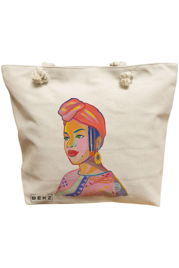 Geanta Canvas Tote pentru femei, model Portret Vibrant, 40x51 cm, Bej, BEKZ® 11 Geanta Canvas Tote pentru femei