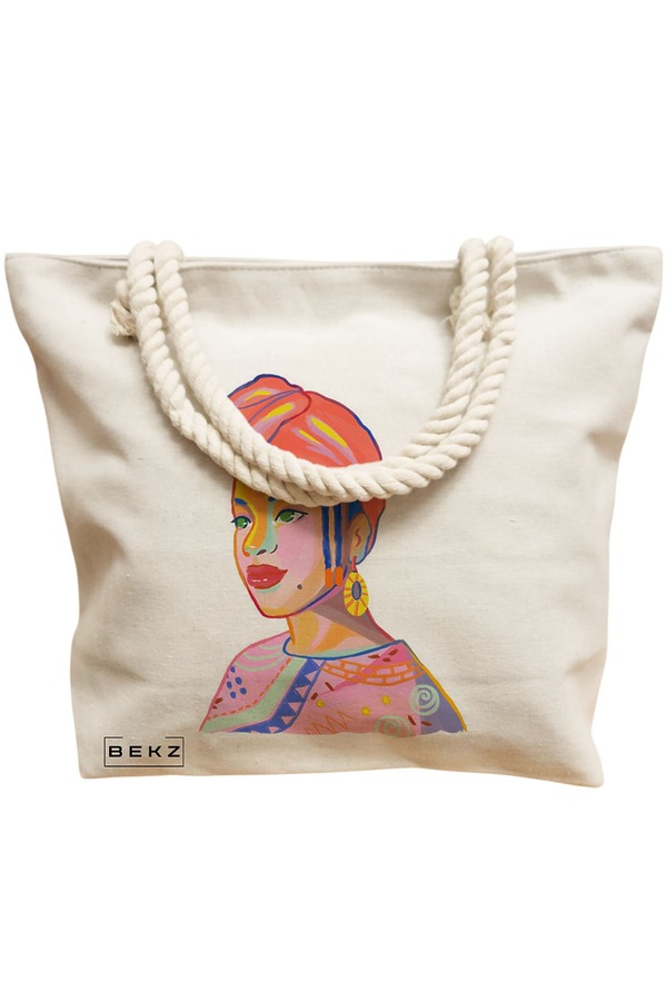 Geanta Canvas Tote pentru femei, model Portret Vibrant, 40x51 cm, Bej, BEKZ® 12 model Portret Vibrant