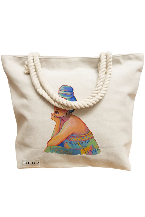 Geanta Canvas Tote pentru femei, model Portret Vibrant 2, 40x51 cm, Bej, BEKZ® 12 model Portret Vibrant 2