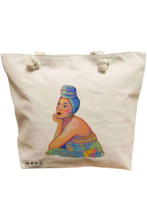 Geanta Canvas Tote pentru femei, model Portret Vibrant 2, 40x51 cm, Bej, BEKZ® 11 Geanta Canvas Tote pentru femei