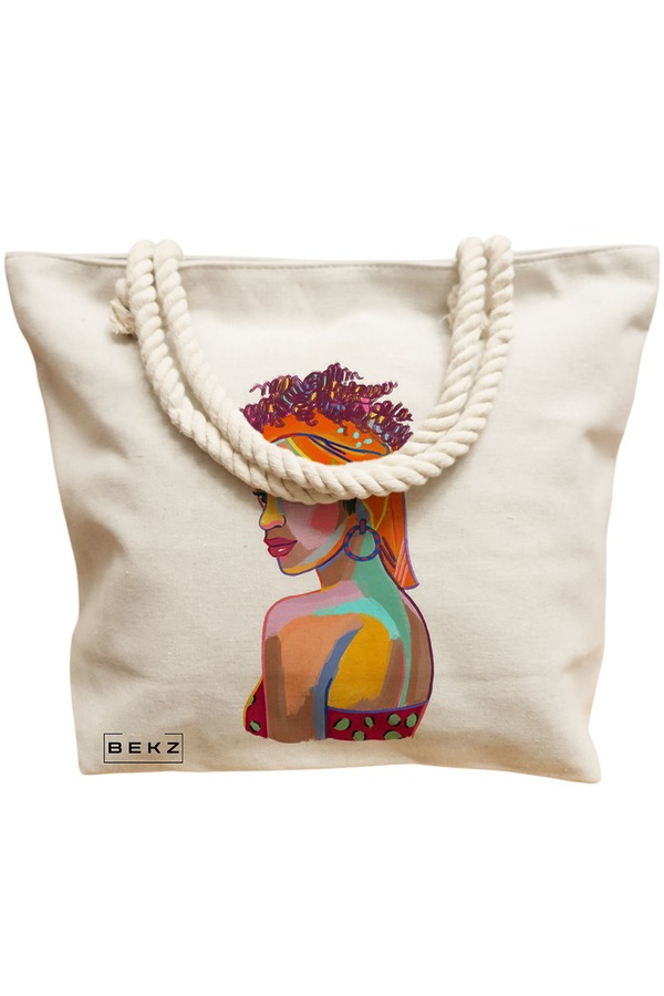 Geanta Canvas Tote pentru femei, model Portret Vibrant 3, 40x51 cm, Bej, BEKZ® 12 model Portret Vibrant 3