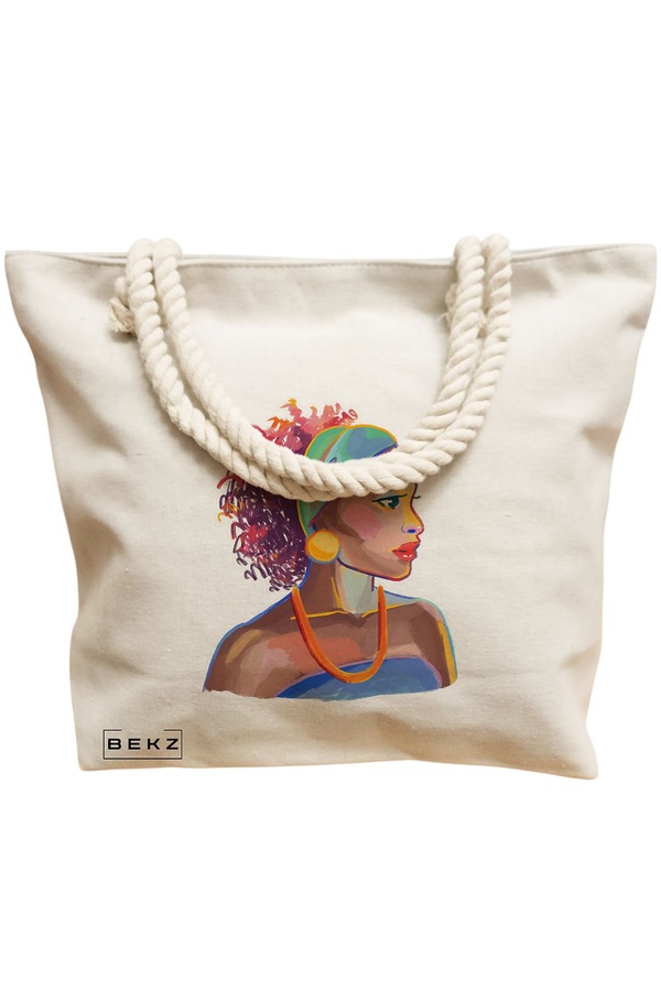 Geanta Canvas Tote pentru femei, model Portret Vibrant 4, 40x51 cm, Bej, BEKZ® 12 model Portret Vibrant 4