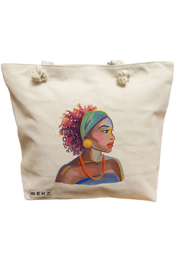 Geanta Canvas Tote pentru femei, model Portret Vibrant 4, 40x51 cm, Bej, BEKZ® 11 Geanta Canvas Tote pentru femei