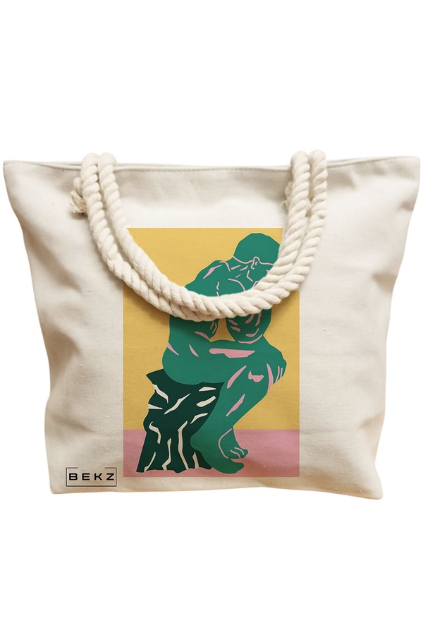 Geanta Canvas Tote pentru femei, model The Thinker, 40x51 cm, Bej, BEKZ® 12 model The Thinker