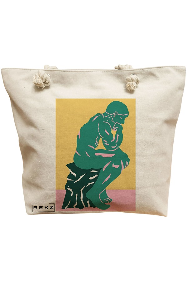 Geanta Canvas Tote pentru femei, model The Thinker, 40x51 cm, Bej, BEKZ® 11 Geanta Canvas Tote pentru femei
