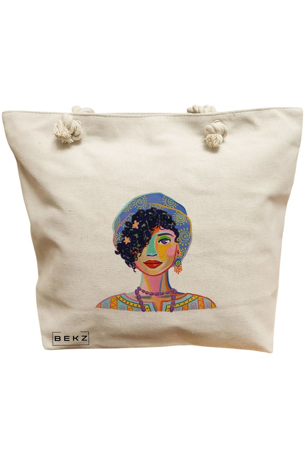 Geanta Canvas Tote pentru femei, model Portret Vibrant 5, 40x51 cm, Bej, BEKZ® 11 Geanta Canvas Tote pentru femei