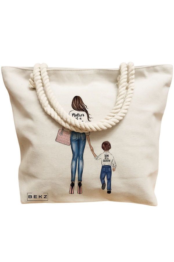 Geanta Canvas Tote pentru femei, model Mother of a prince, 40x51 cm, Bej, BEKZ® 12 model Mother of a prince