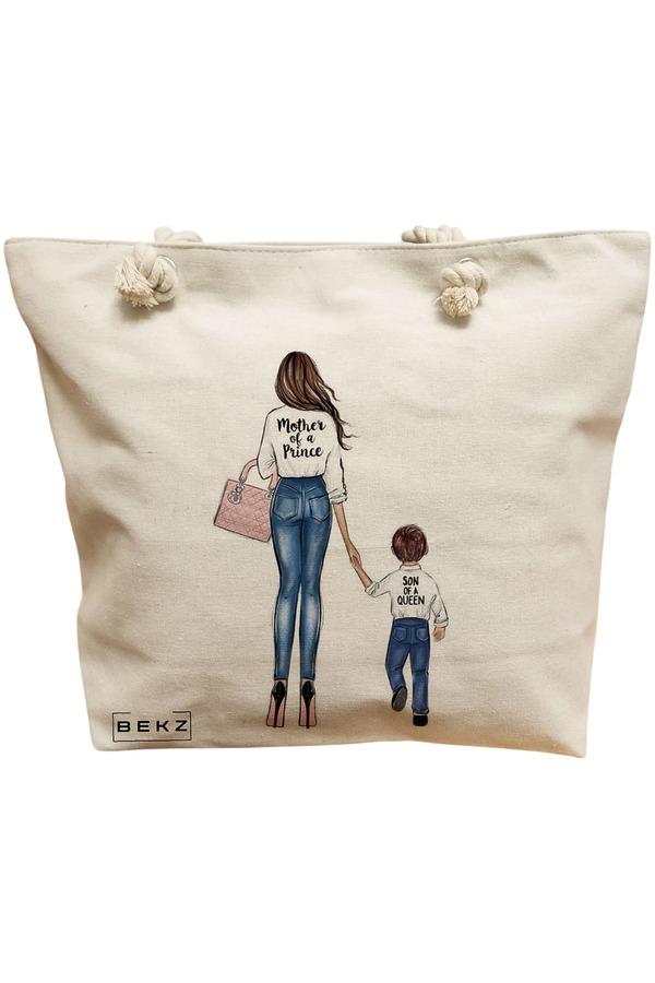Geanta Canvas Tote pentru femei, model Mother of a prince, 40x51 cm, Bej, BEKZ® 11 Geanta Canvas Tote pentru femei