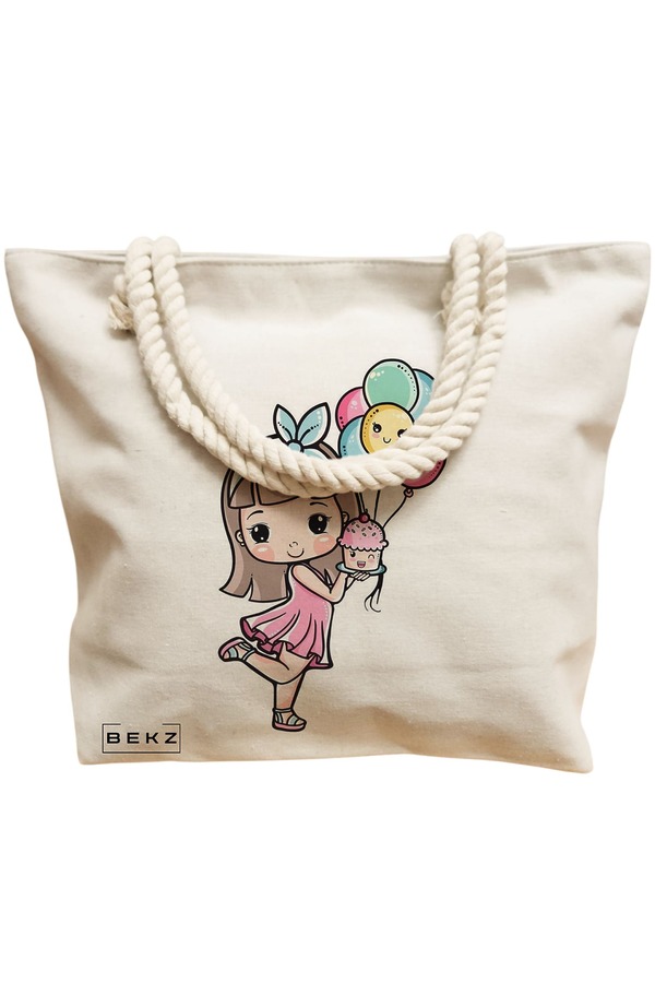 Geanta Canvas Tote pentru femei, model Cupcake girl, 40x51 cm, Bej, BEKZ® 11 model Cupcake girl