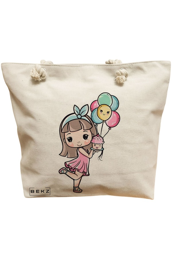 Geanta Canvas Tote pentru femei, model Cupcake girl, 40x51 cm, Bej, BEKZ® 12 Geanta Canvas Tote pentru femei