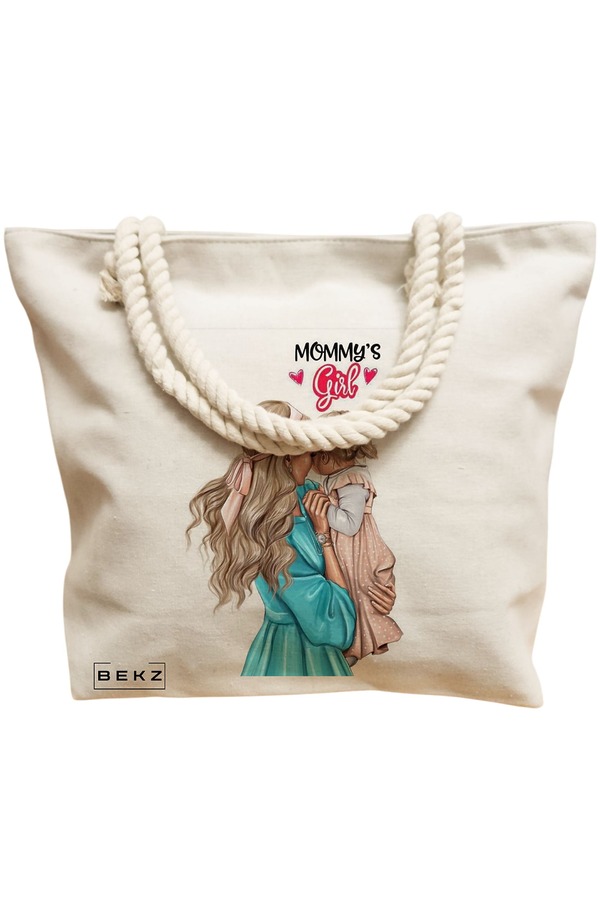 Geanta Canvas Tote pentru femei, model Mommy’s Girl, 40x51 cm, Bej, BEKZ® 12 model Mommy’s Girl