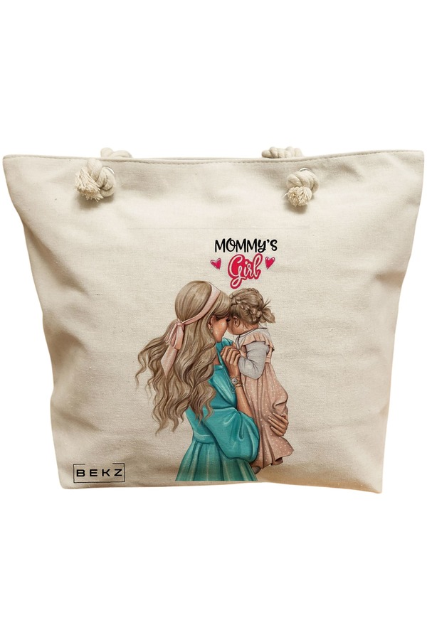 Geanta Canvas Tote pentru femei, model Mommy’s Girl, 40x51 cm, Bej, BEKZ® 11 Geanta Canvas Tote pentru femei