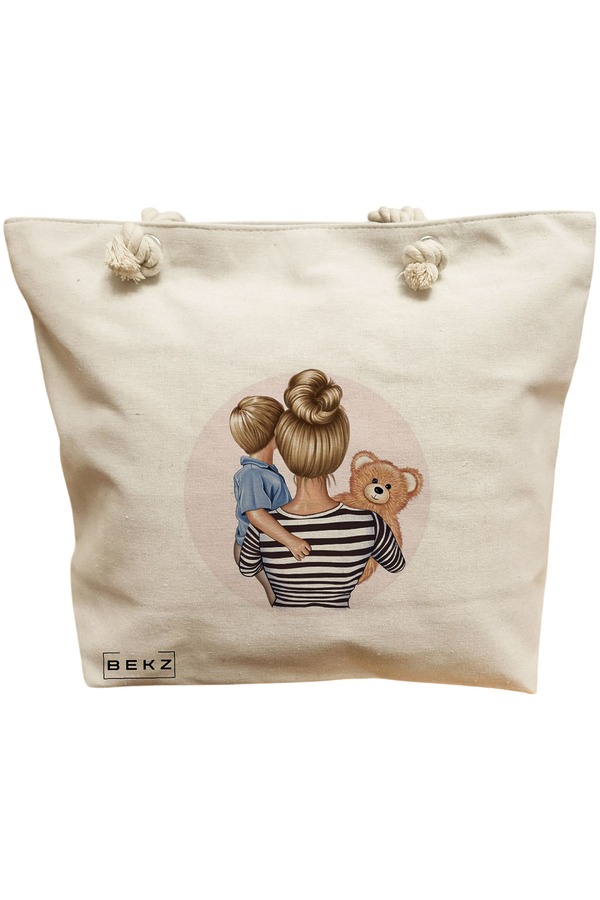 Geanta Canvas Tote pentru femei, model Mother of a prince 2, 40x51 cm, Bej, BEKZ® 11 Geanta Canvas Tote pentru femei