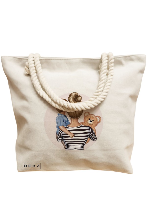 Geanta Canvas Tote pentru femei, model Mother of a prince 2, 40x51 cm, Bej, BEKZ® 12 model Mother of a prince 2