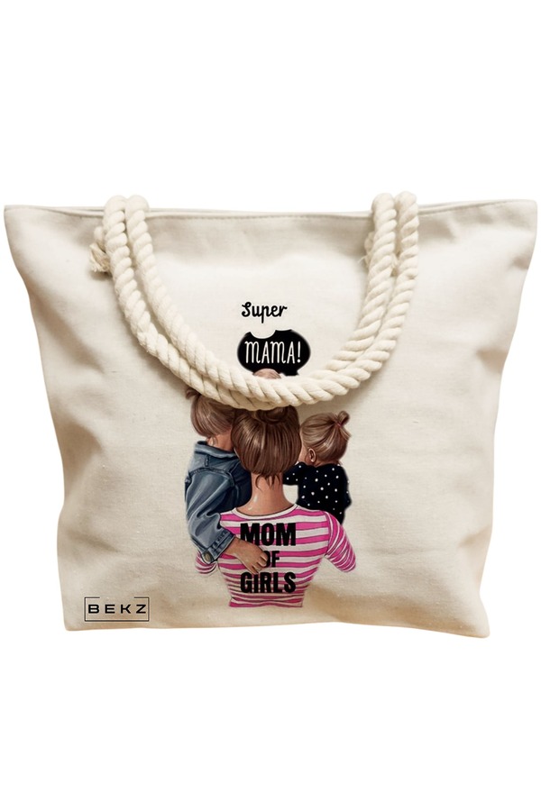 Geanta Canvas Tote pentru femei, model Super Mama, 40x51 cm, Bej, BEKZ® 12 model Super Mama