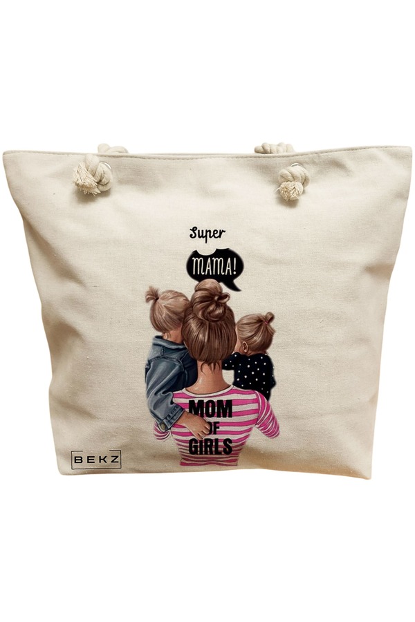 Geanta Canvas Tote pentru femei, model Super Mama, 40x51 cm, Bej, BEKZ® 11 Geanta Canvas Tote pentru femei