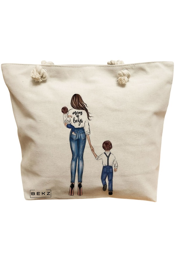 Geanta Canvas Tote pentru femei, model Mom of Boys, 40x51 cm, Bej, BEKZ® 11 Geanta Canvas Tote pentru femei